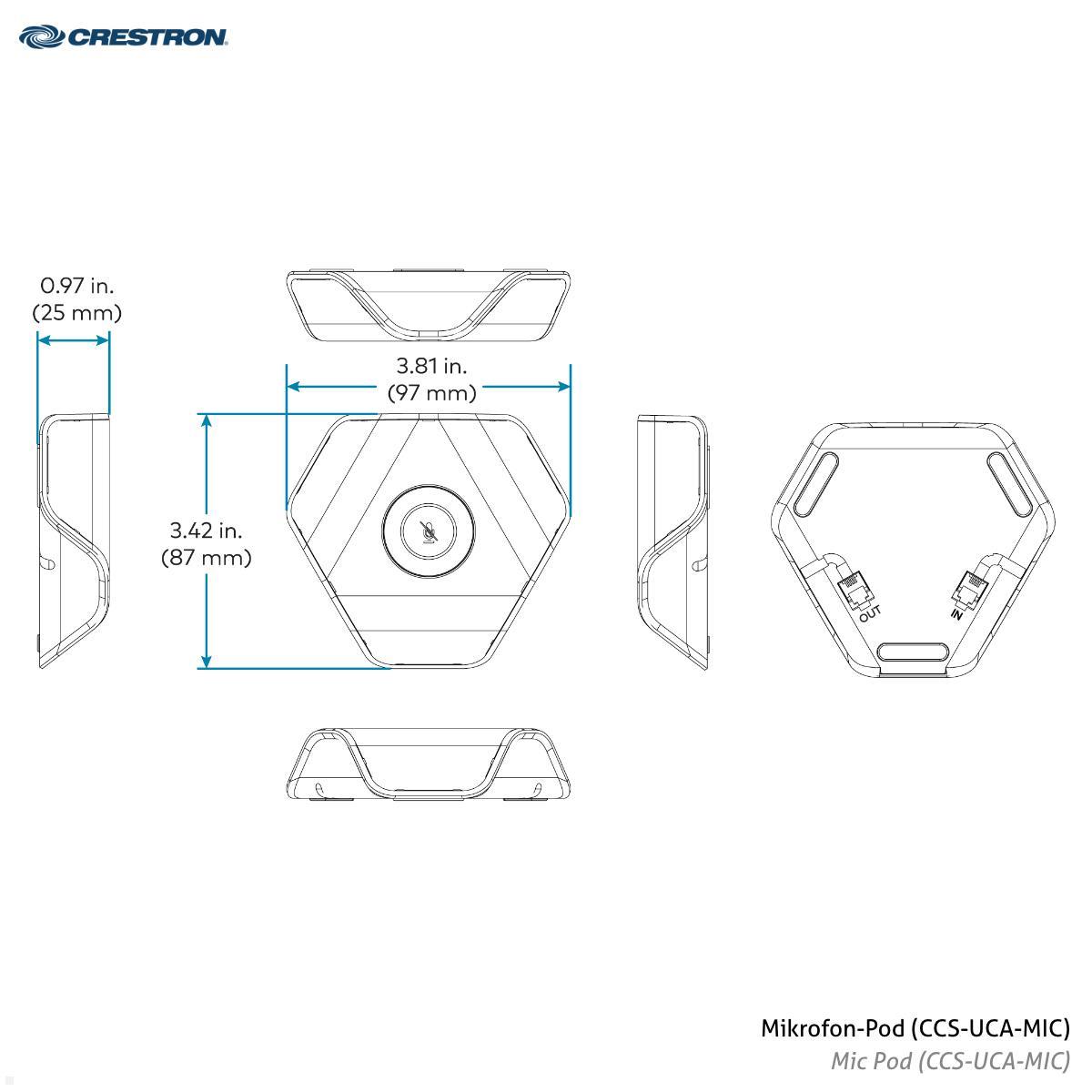 Crestron Flex Tabletop Videokonferenzsystem für große MS Teams Räume (UC-M70-T) technische Zeichnung Mikrofon