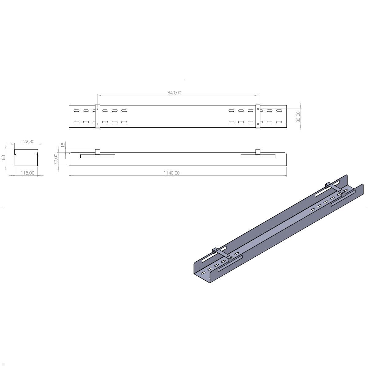 TecLines TKW007S Schreibtisch Kabelwanne mit Klemmhalter 1140 mm, silber technische Zeichnung