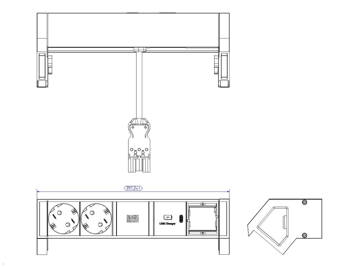 Bachmann DESK 2, 2x Steckdose, USB-C Charger 30W, CM (902.966) schwarz, techn. Zeichnung