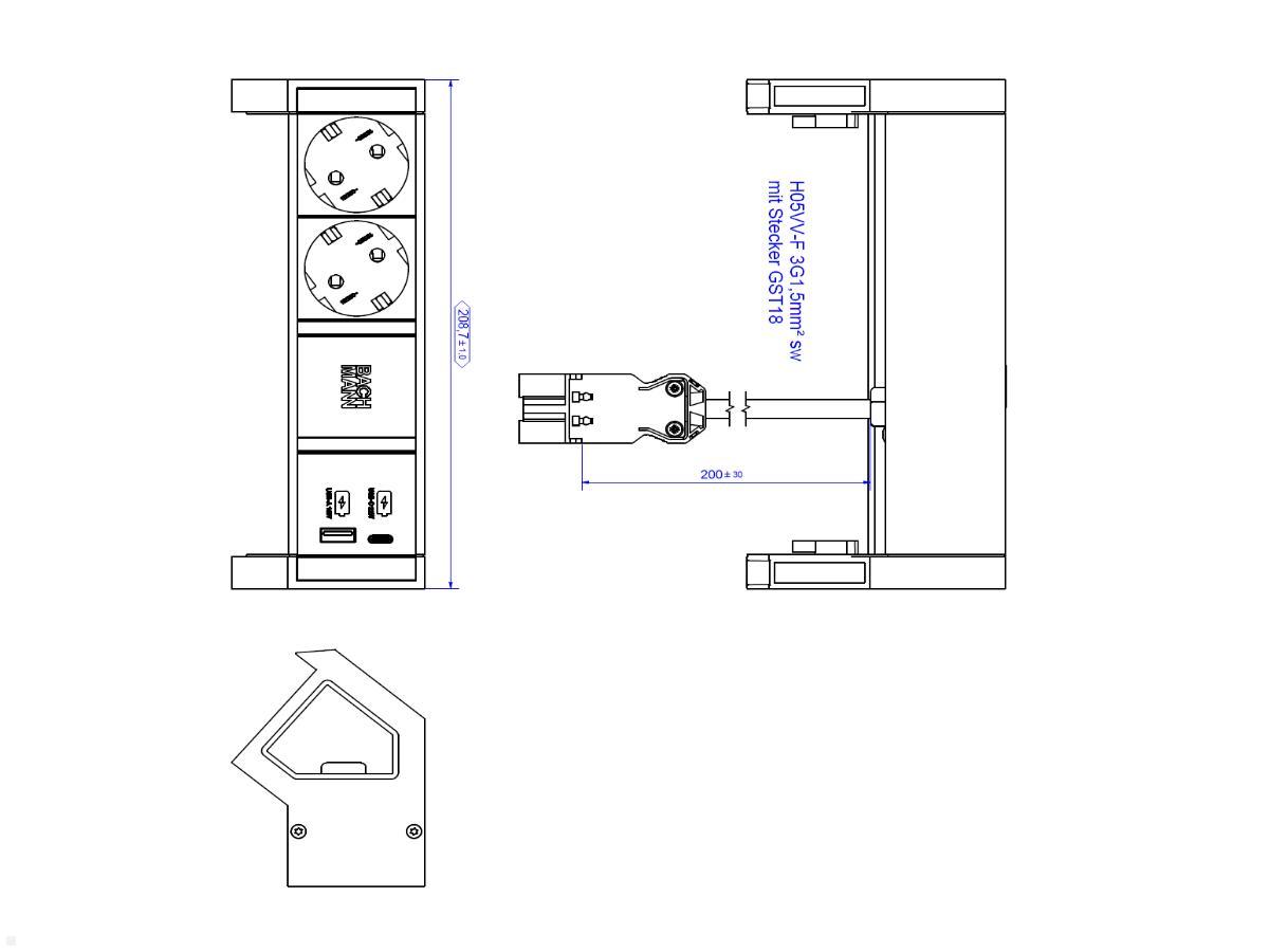 Bachmann DESK 2, 2x Steckdose, 1 USB-C / 1 USB-A Charger (902.932), weiß technische Zeichnung