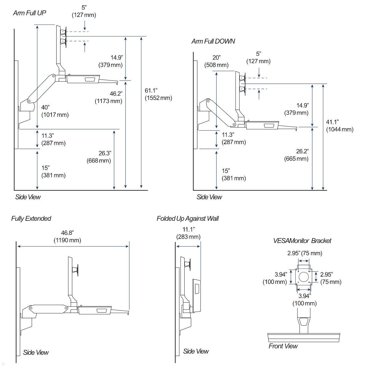 Ergotron CareFit Combo Arm Wandarbeitsplatz mit Arbeitsfläche (45-622-251), technische Zeichnung