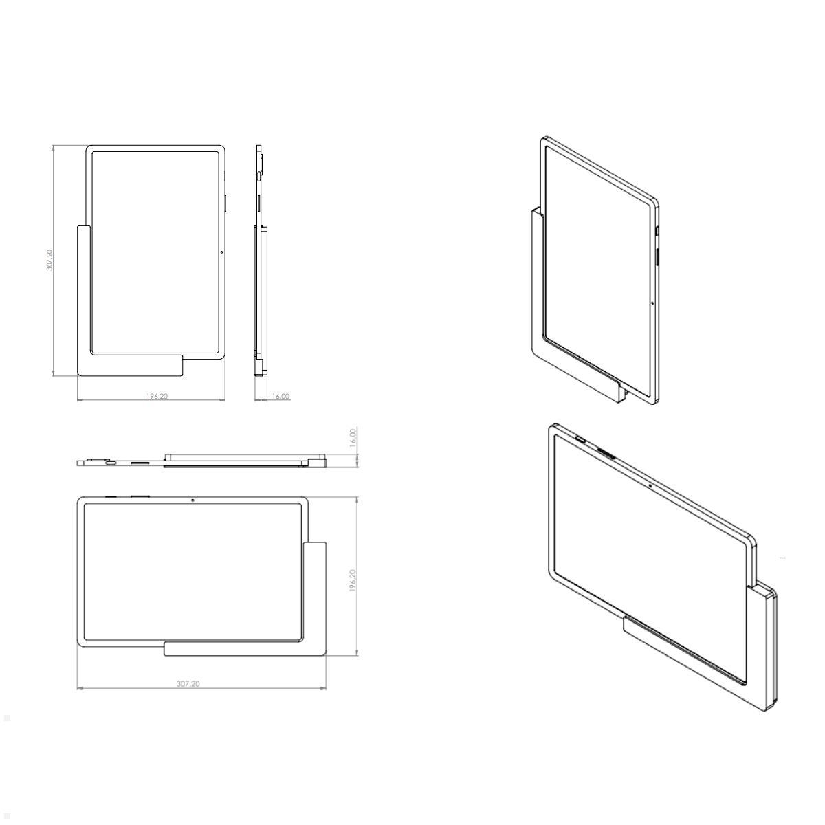 TabLines TWP021S Wandhalterung für Samsung Tab S8+ 12.4, silber, Zeichnung Maße mit Tablet