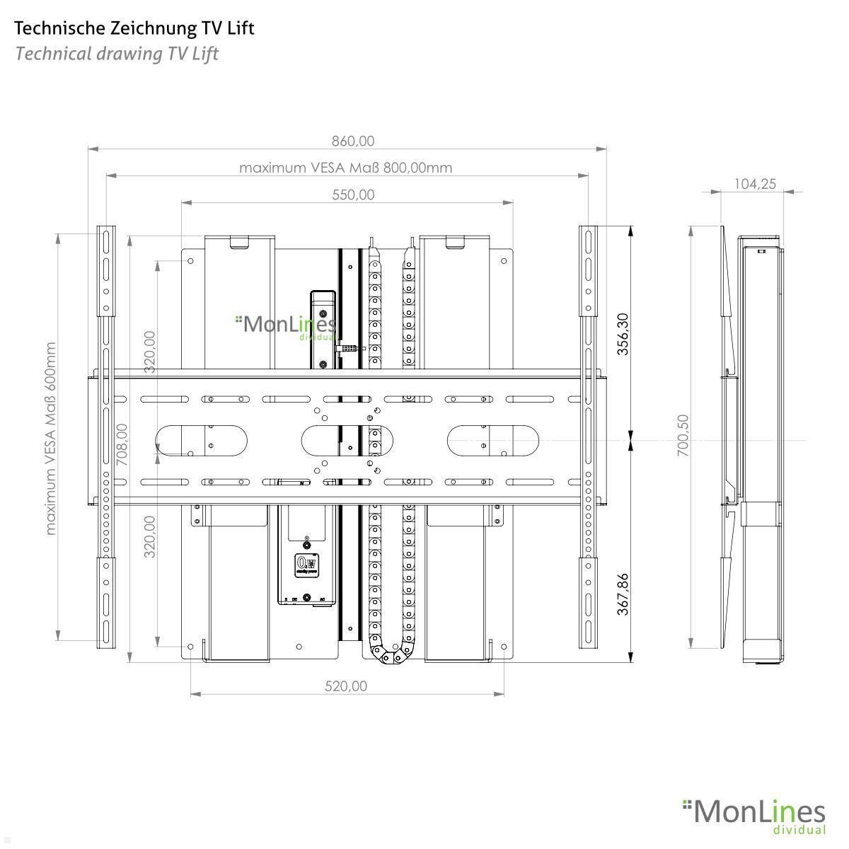 MonLines MTL004 FLYcase TV Lift im Transportcase bis 75 Zoll technische Zeichnung