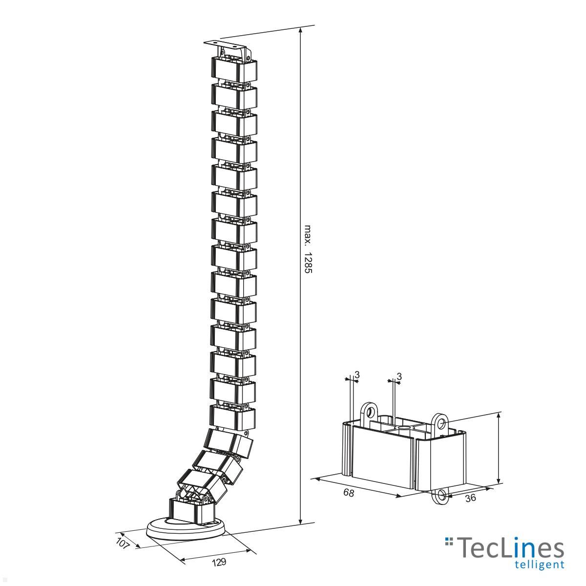 TecLines TKF001W Kabelführung für Steh-Sitz Tisch 128,5 cm, weiß technische Zeichnung