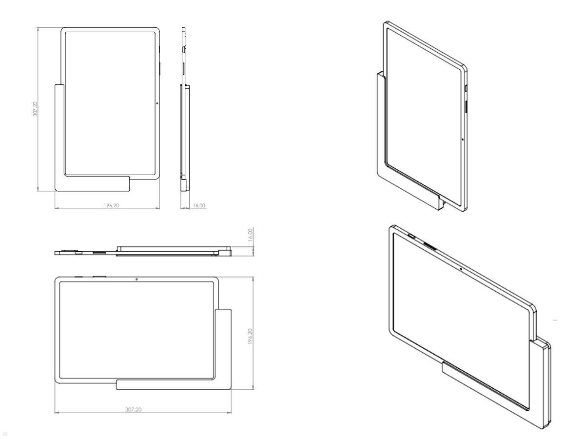 TabLines TWP008B Wandhalterung für Samsung Tab S7+ 12.4, schwarz, Zeichnung Maße mit Tablet