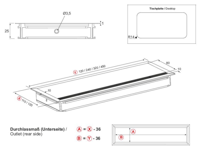 TecLines TKD007 Kabeldurchführung 110x320mm, silber/schwarz Zeichnung