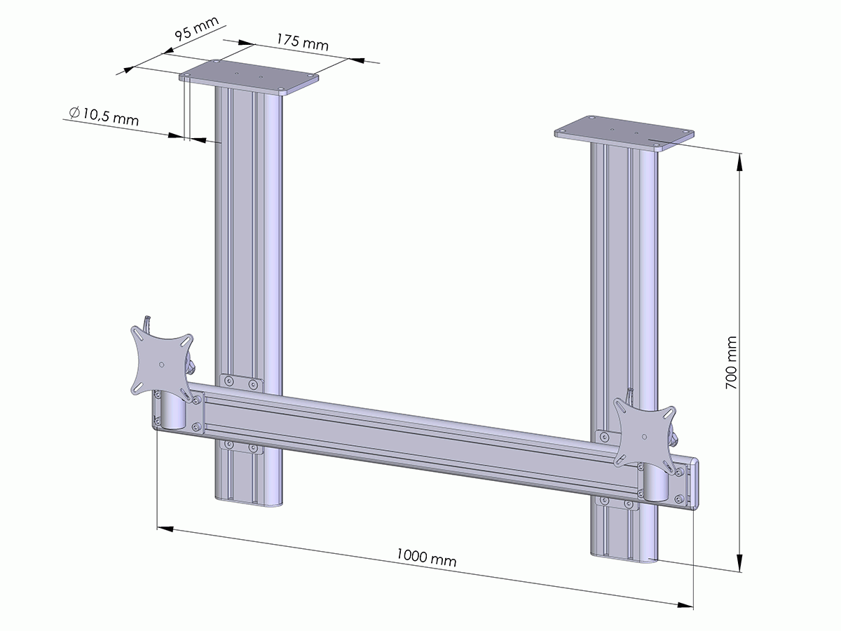 MonLines MDH202B Flat 2-fach Monitor Deckenhalter Alu 25-30 Zoll, schwarz technische Zeichnung