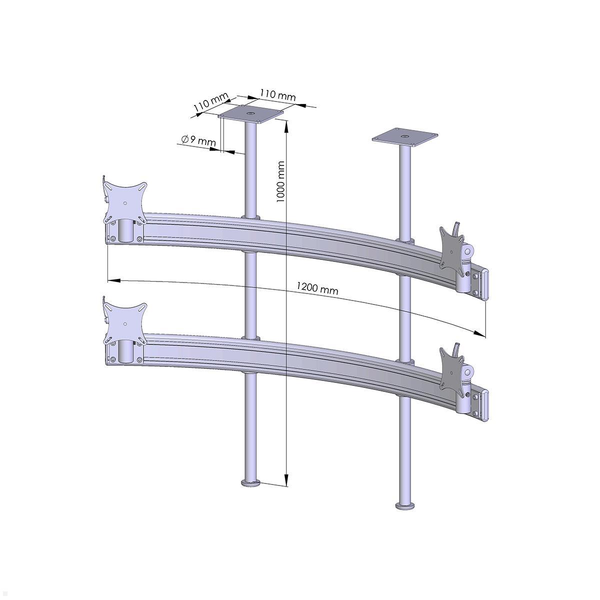 MonLines MDH224G Para 2+2 Monitor Deckenhalterung bis 32 Zoll, grau, Zeichnung Maße