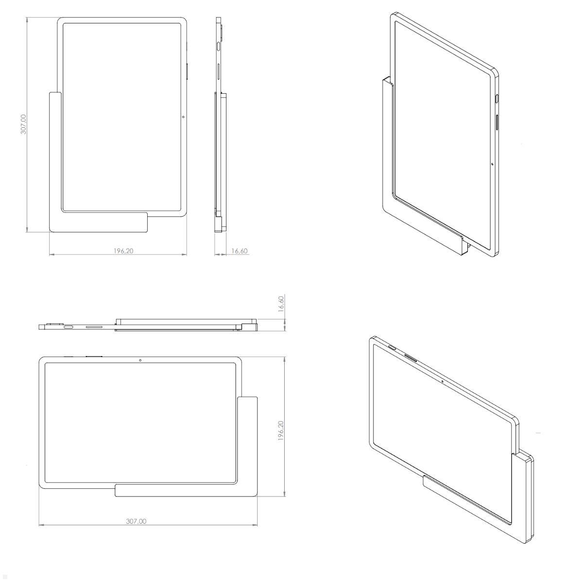 TabLines TWP013W Wandhalterung für Samsung Tab S7 FE 12.4, weiß, Zeichnung Maße