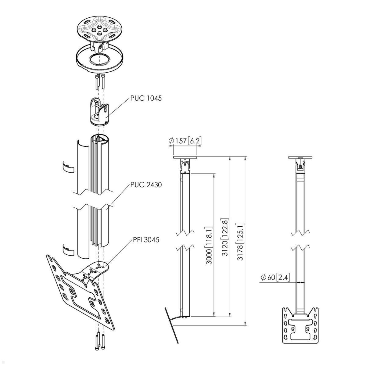 Vogels Connect-it CT243022S TV Deckenhalter bis 43 Zoll, silber, Zeichnung Maße