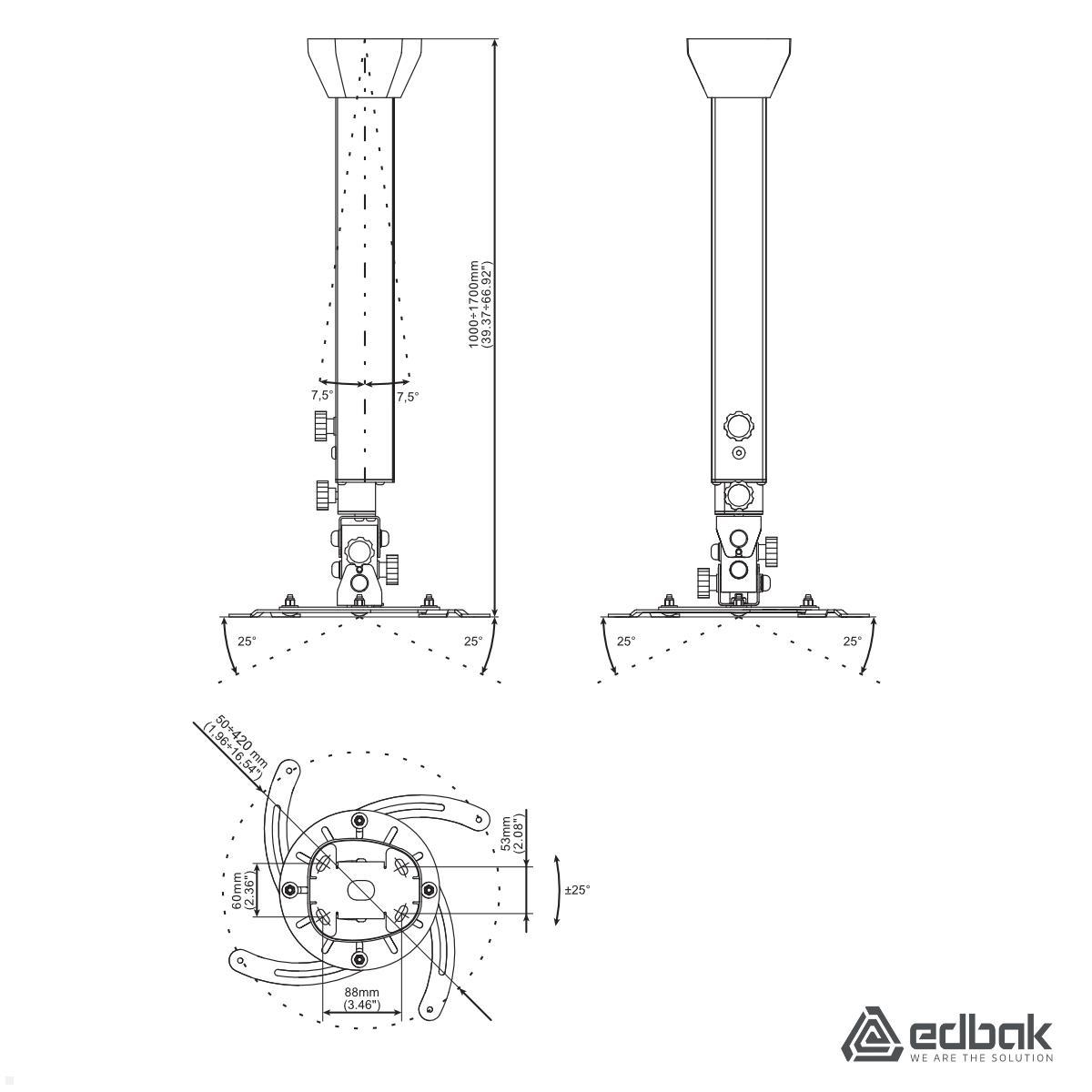 Edbak PMV300W Beamer Deckenhalterung 1000-1700mm 15kg, weiß technische Zeichnung