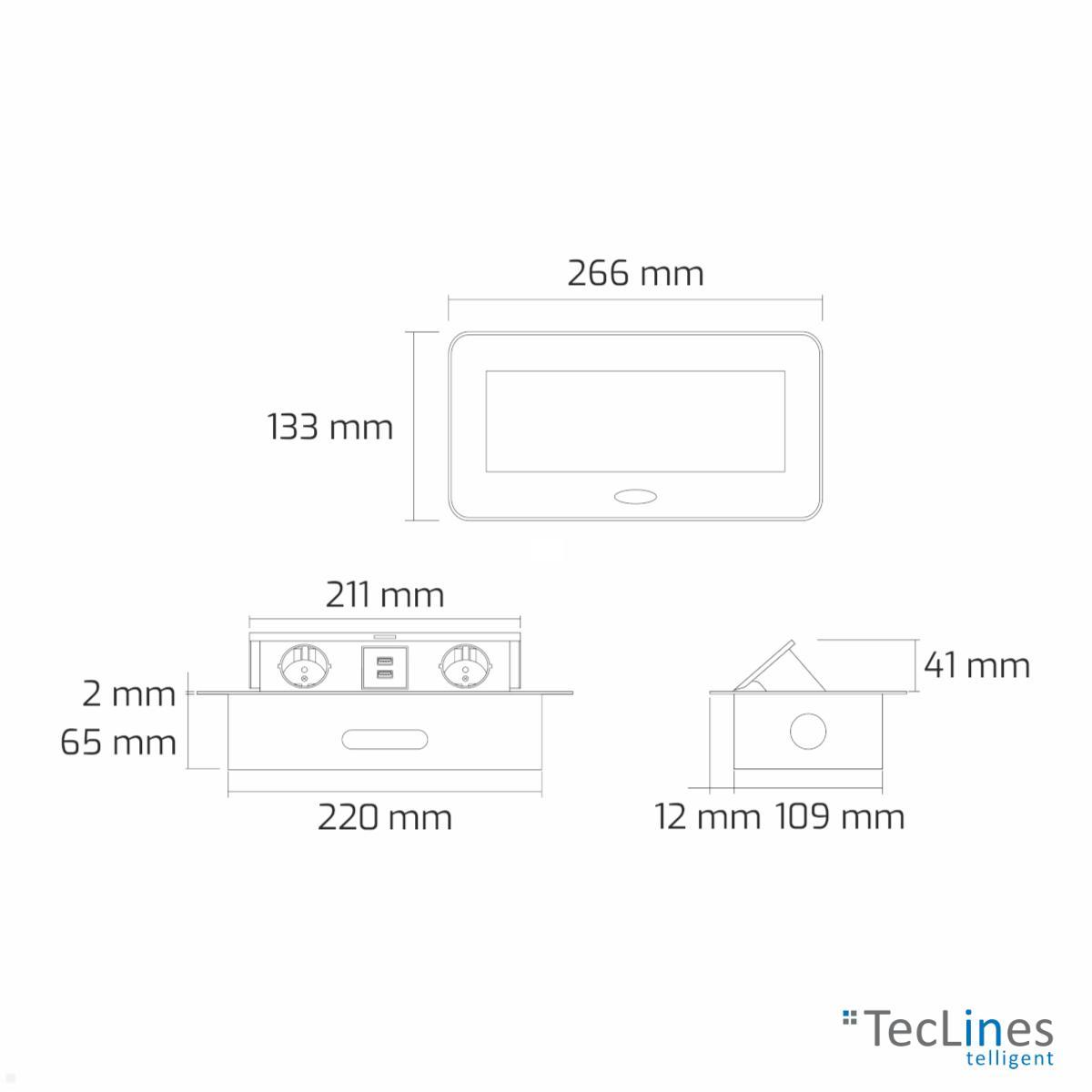 TecLines TES010W 2-fach Einbausteckdose mit USB-Charger, 1,5m Kabel, weiß technische Zeichnung