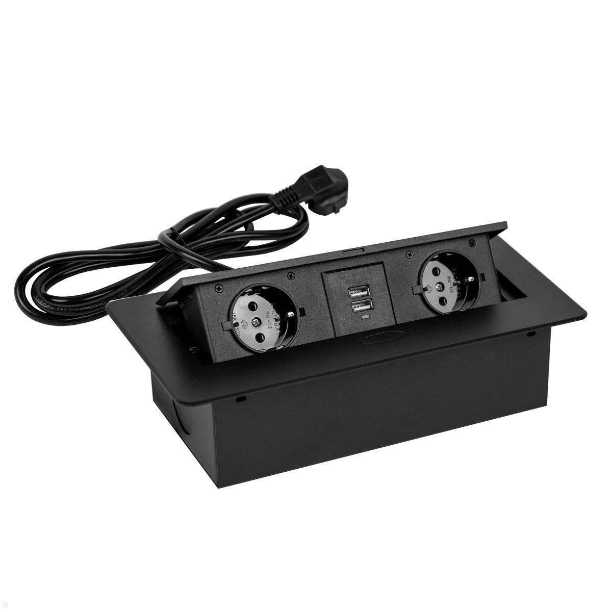 TecLines TES010B 2-fach Einbausteckdose mit USB-Charger 1,5m Kabel, schwarz