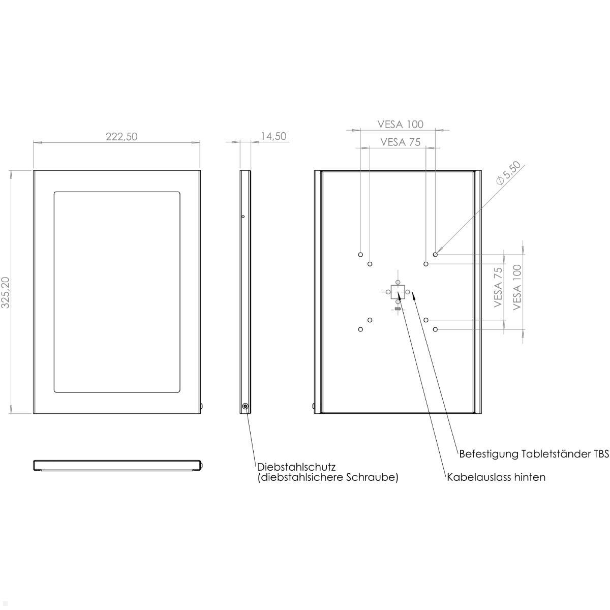 TabLines TSG109E Schutzgehäuse für Samsung Tab S10+ 12.4, Edelstahl, technische Zeichnung