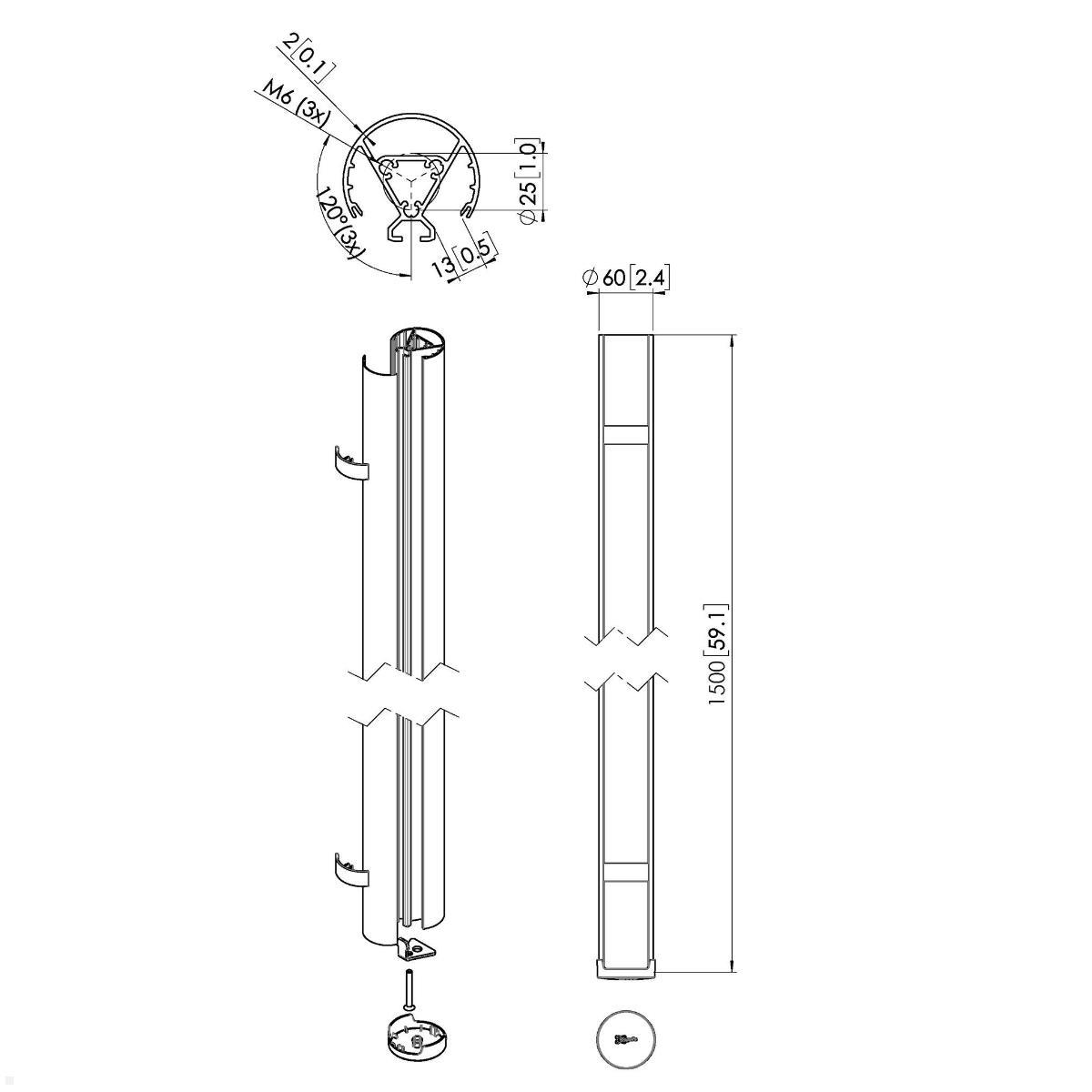 Vogels Connect-It PUC 2415 - 150 cm Säule für Deckenhalterung, schwarz, Zeichnung Maße