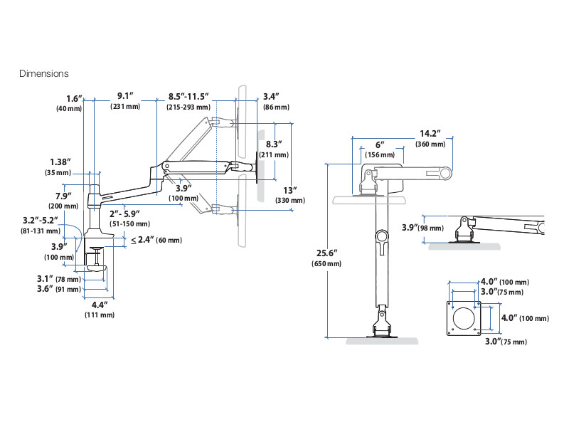 Ergotron 45-490-2016 LX Arm Tischhalterung Zeichnung 1