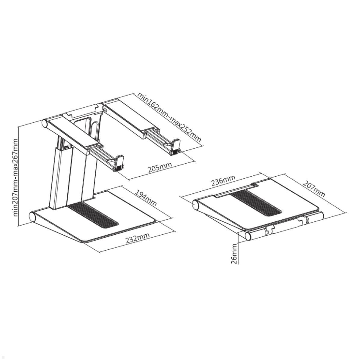 Neomounts NSLS200 höhenverstellbarer Laptopständer bis 17 Zoll, faltbar technische Zeichnung