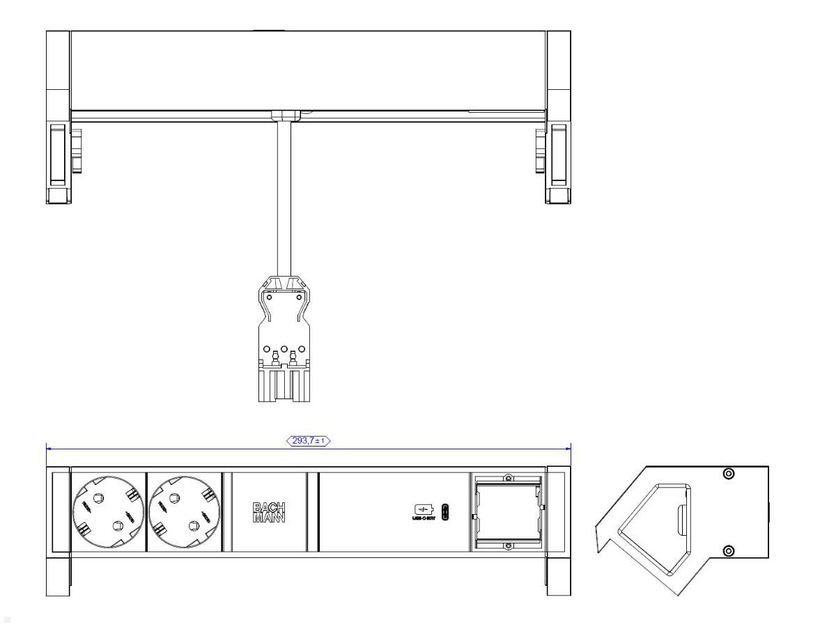 Bachmann DESK 2, 2x Steckdose, USB-C Charger 60W, CM (902.967) schwarz, techn. Zeichnung