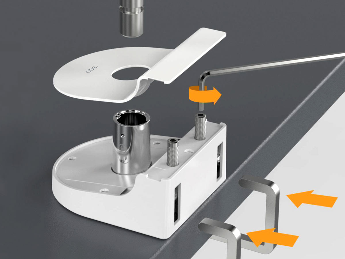 Bachmann ZG1 Monitorhalterung weiß + Desk 2 Alu BLACK Anschlussfeld Detail Tischklemme