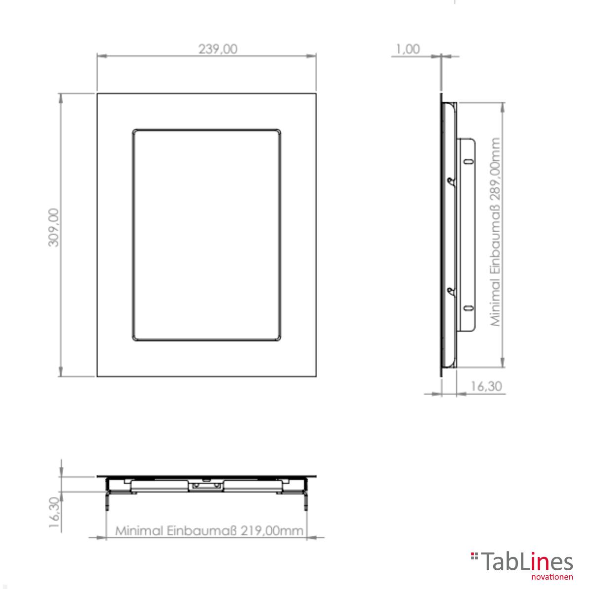 TabLines TWE108S Tablet Wandeinbau für Apple iPad 10.9 (10. Gen.), silber technische Zeichnung