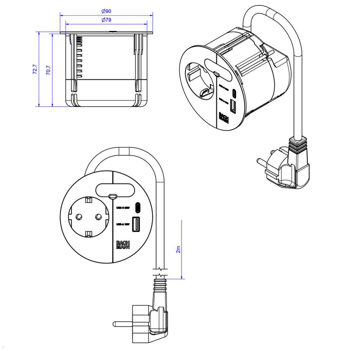 Bachmann LOOP IN CHARGE Steckdose USB A/C Winkelstecker, schwarz (938.201), technische Zeichnung