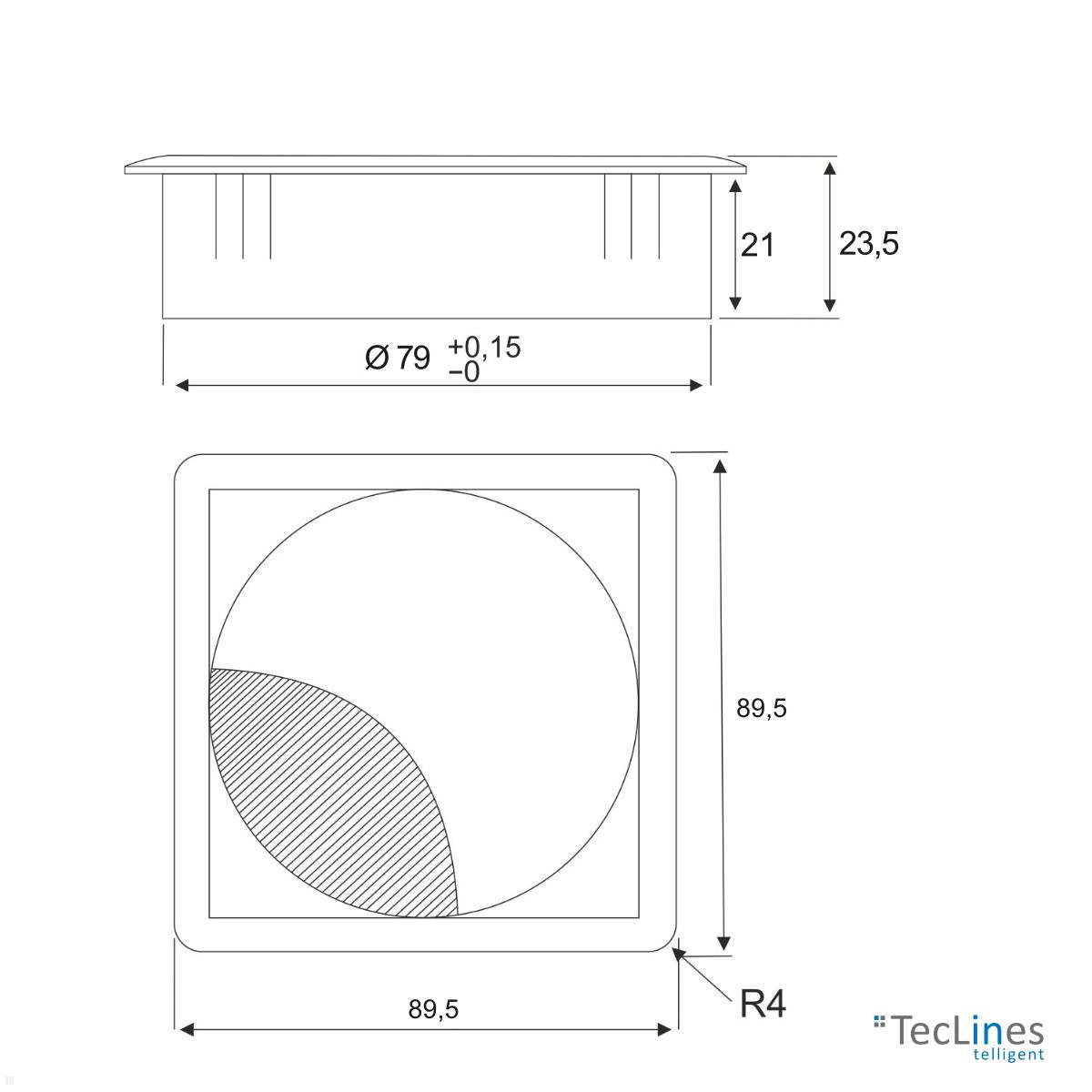 TecLines TKD003B Tisch Kabeldurchführung 80x23 mm, schwarz technische Zeichnung