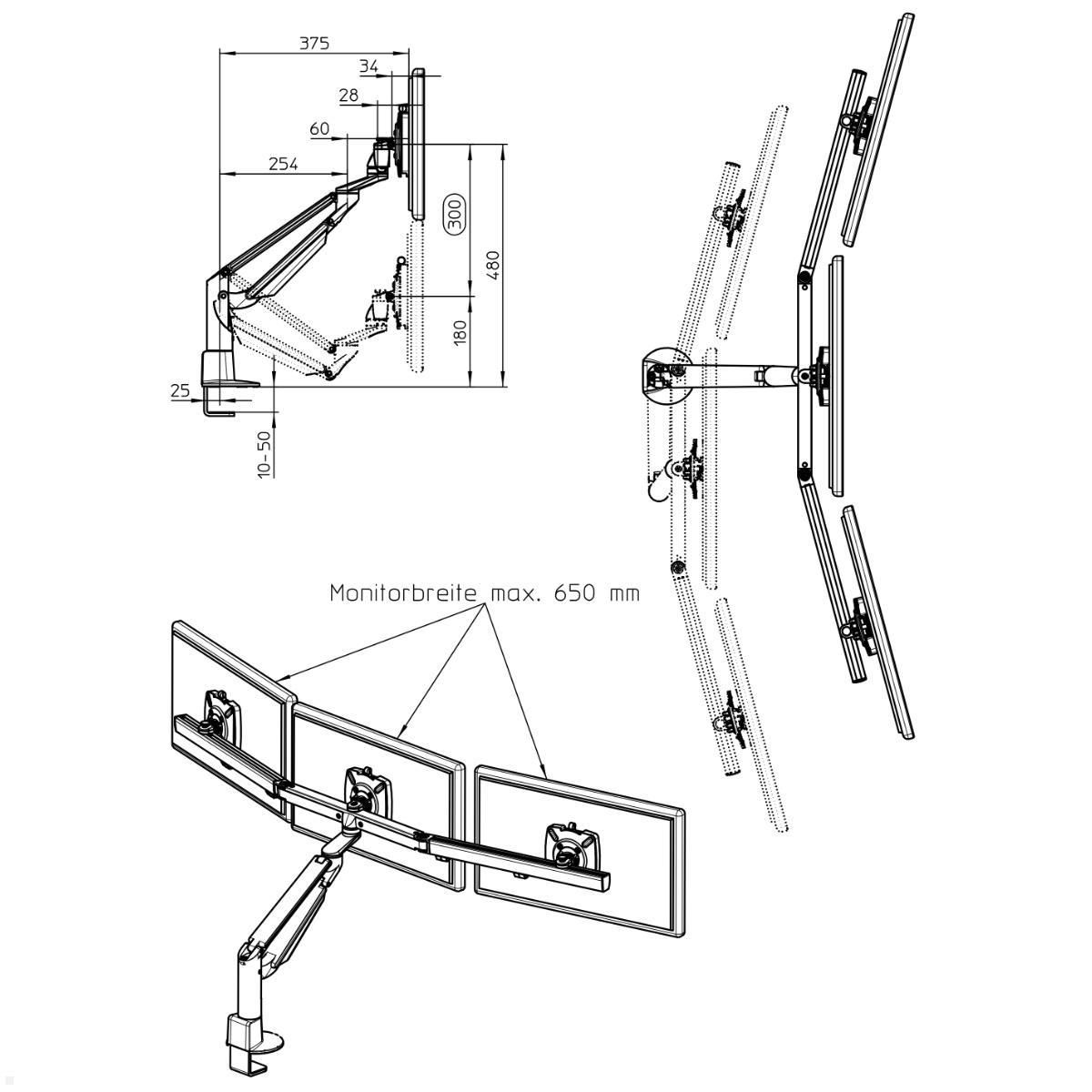 Novus Clu Plus X3 Monitorhalter für 3 Monitore an TSS Säule, schwarz, technische Zeichnung Monitorarm