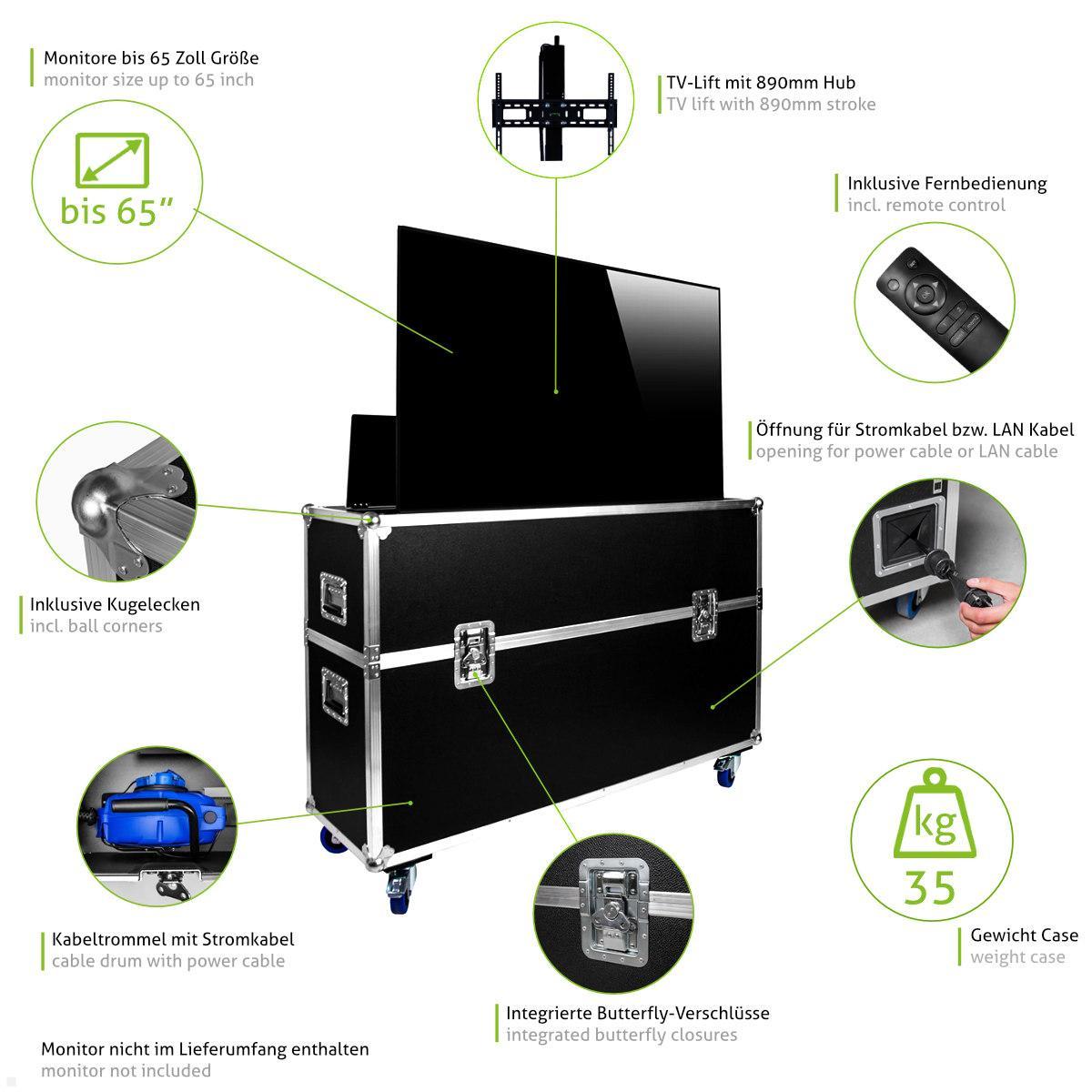 MonLines MTL003 FLYcase TV Lift im Transportcase bis 65 Zoll Funktionen