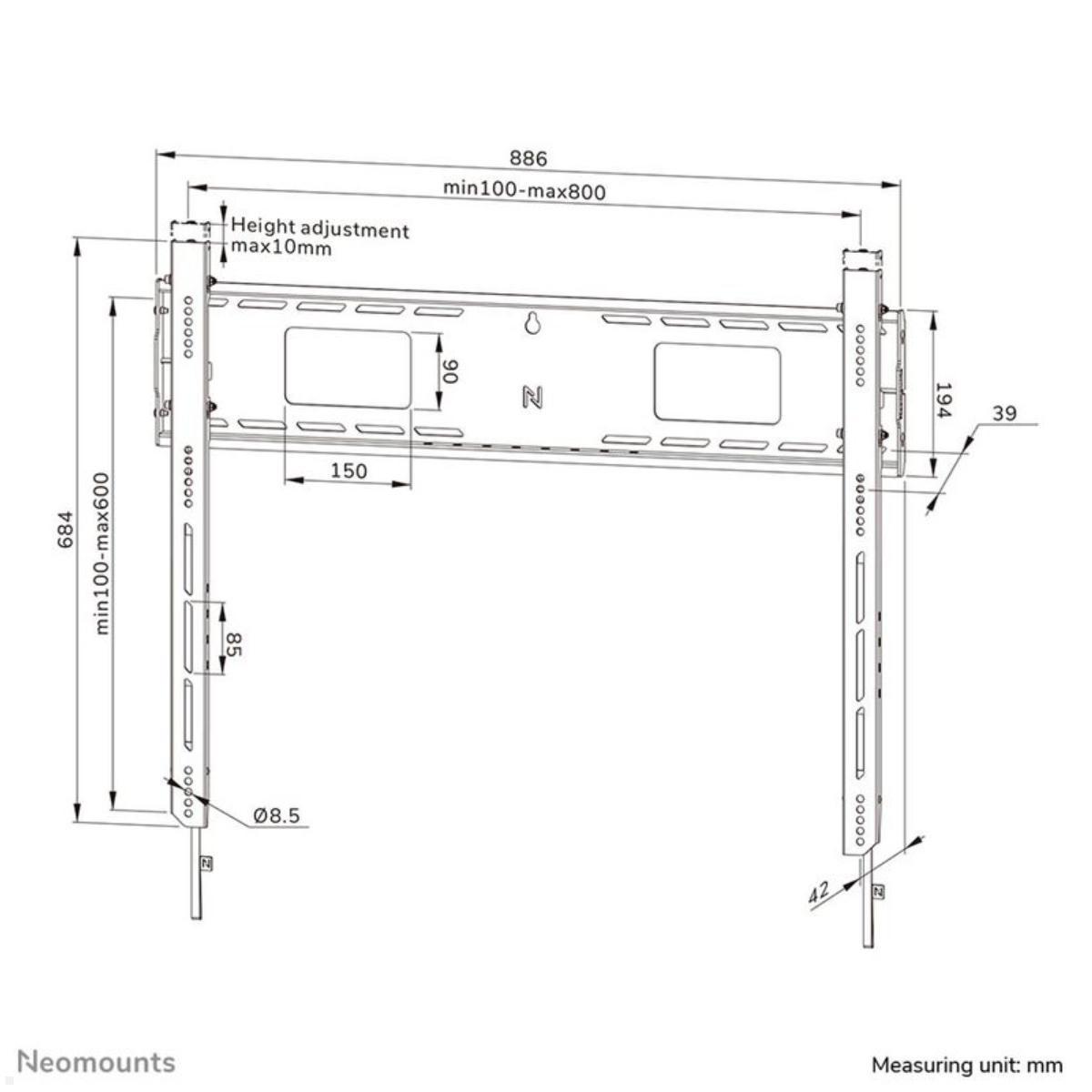 Neomounts Level WL30-750BL18 flacher Schwerlast TV Wandhalter 43 - 98 Zoll, 125 kg, schwarz technische Zeichnung