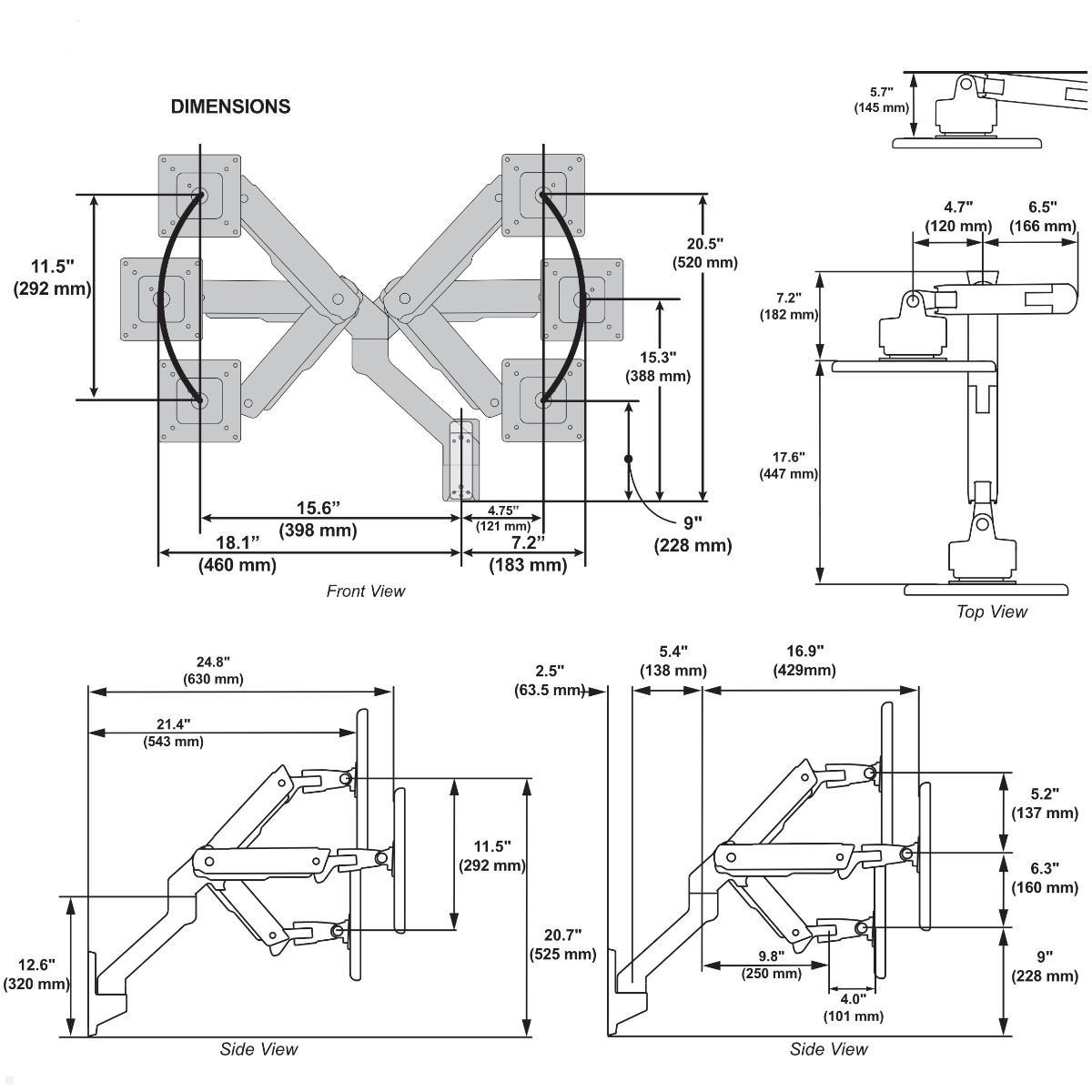 Ergotron HX Monitor Wandhalter mit VHD Gelenk bis 57 Zoll, weiß (45-694-216), technische Zeichnung Monitorarm