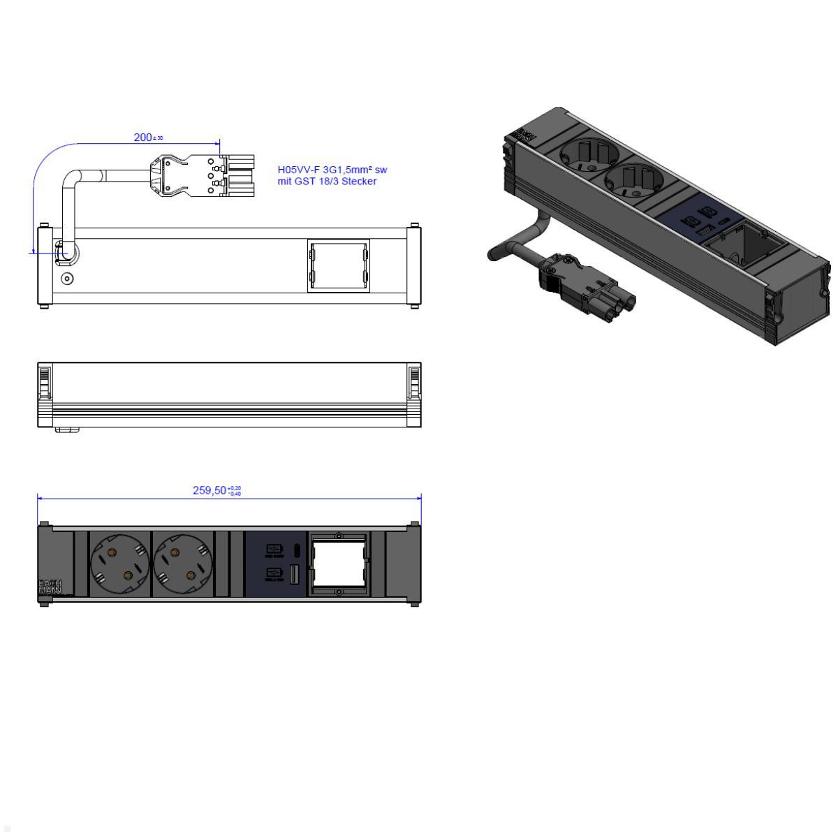 Bachmann CONI 4-fach Steckdoseneinheit 2x Steckdose 1x USB-Charger A/C 1x Custom Modul (912.08730), Skizze