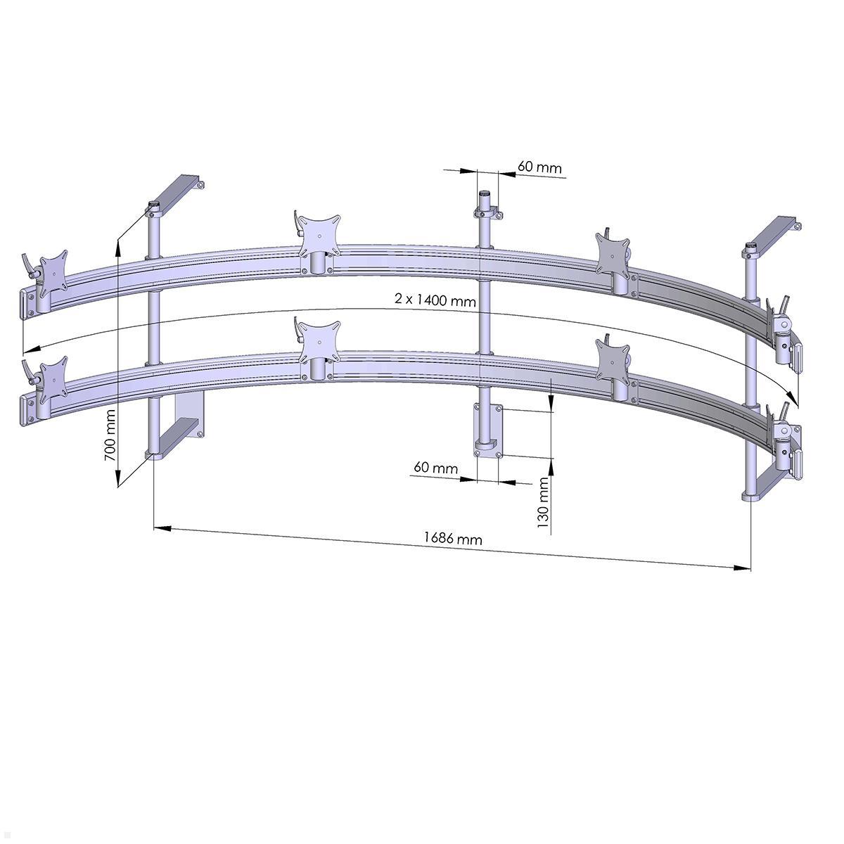 MonLines MWH228G Para 4+4 Monitor Wandhalter bis 32 Zoll, grau, Zeichnung Maße