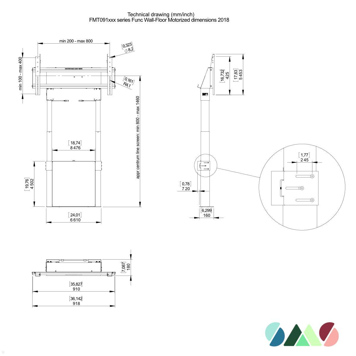 SMS Func Wall/Floor Motorized elektrische Monitor Boden Wandhalterung (FMT091002), weiß technische Zeichnung