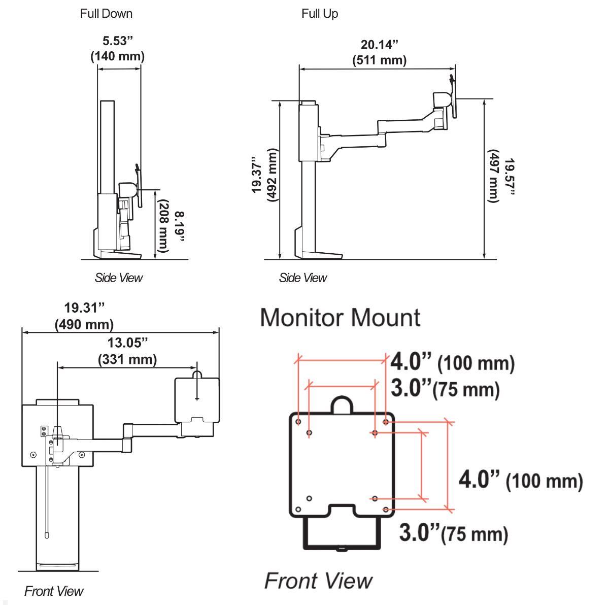 Ergotron TRACE Monitor Tischhalterung, schwarz (45-630-224), technische Zeichnung