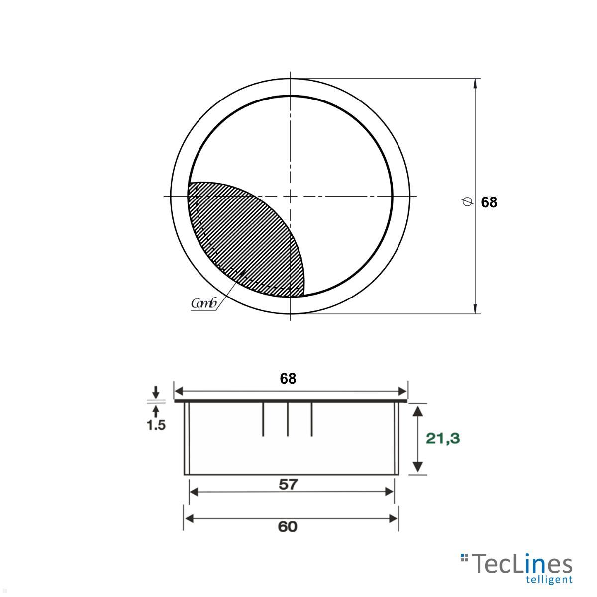 TecLines TKD001W Tisch Kabeldurchführung 60x21 mm, weiß technische Zeichnung