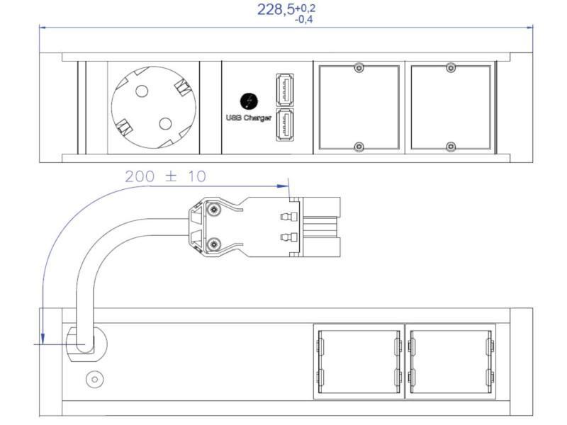 Bachmann VENID 1x Steckdose 2x CM 1x USB Doppel Charger (936.003) technische Zeichnung