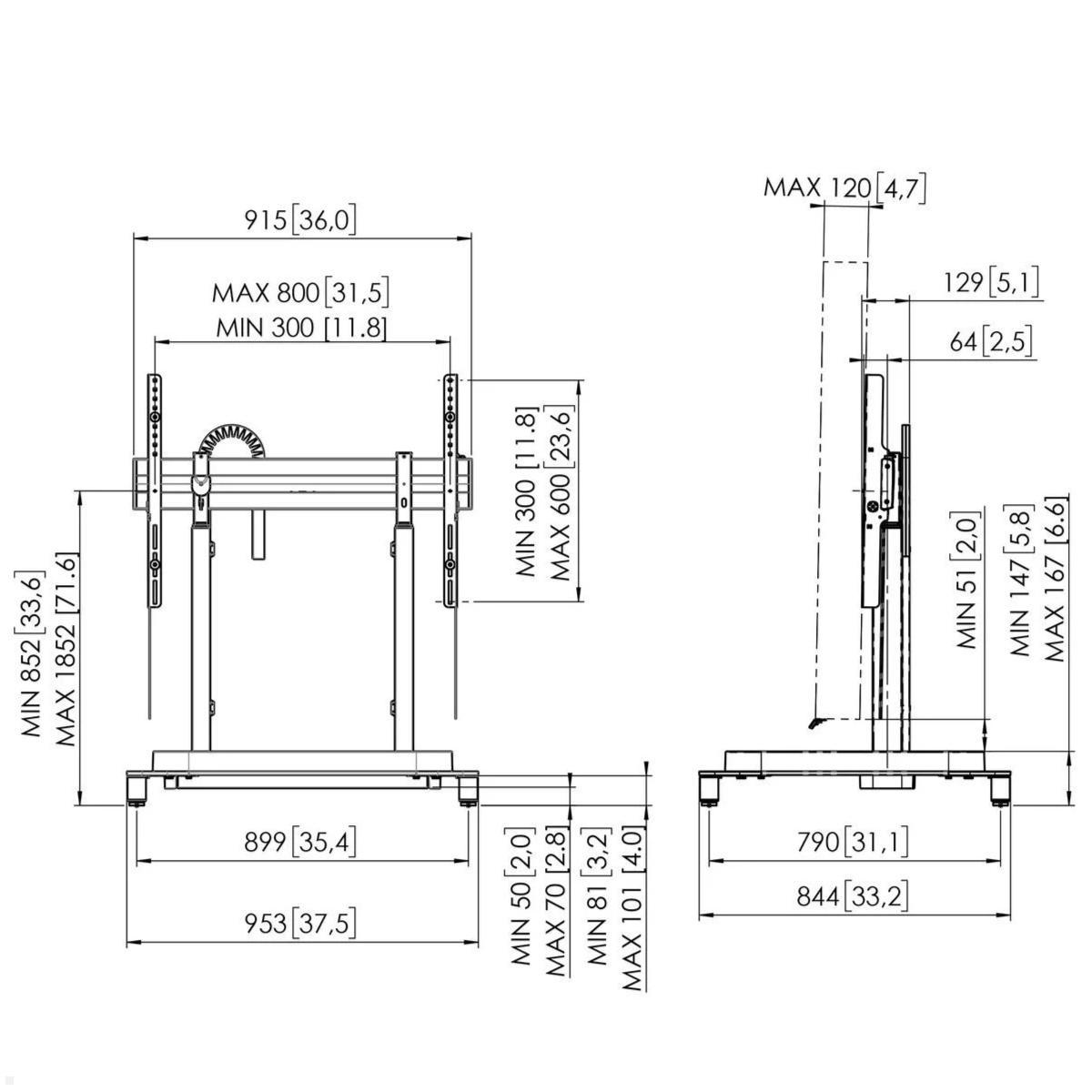 Vogels RISE 5105 elektrischer TV Ständer bis 98 Zoll, 50 mm/s, technische Zeichnung