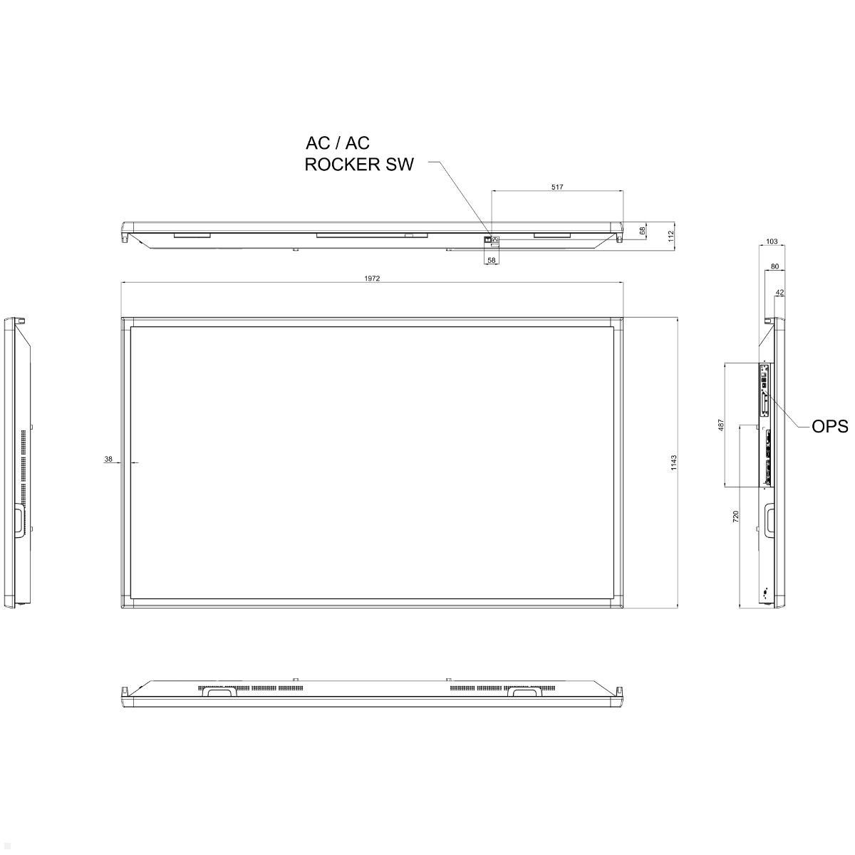 Clevertouch CM Digital Signage Display 86 Zoll LED 4K UHD (1290022EXP), technische Zeichnung Vorderseite