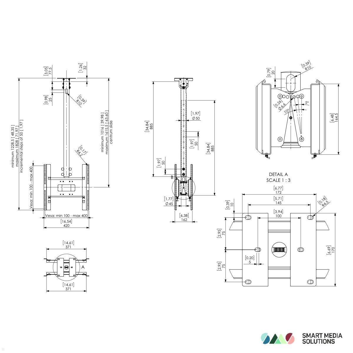 SMS Func Ceiling LP Dual Monitor Deckenhalterung quer/hoch, weiß (02-115-4) techische Zeichnung