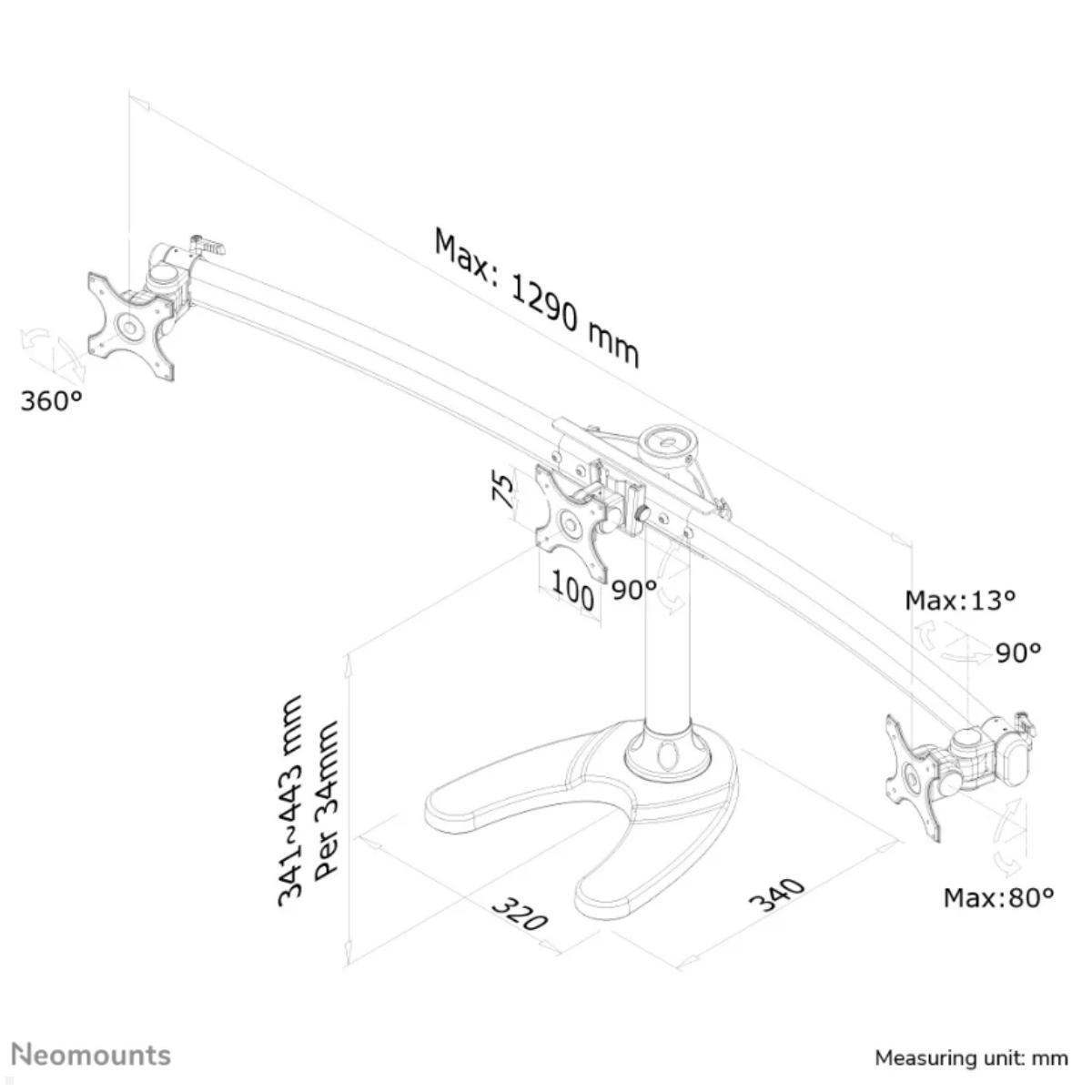 Neomounts FPMA-D700DD3 dreifache Monitor Tischhalterung, Skizze