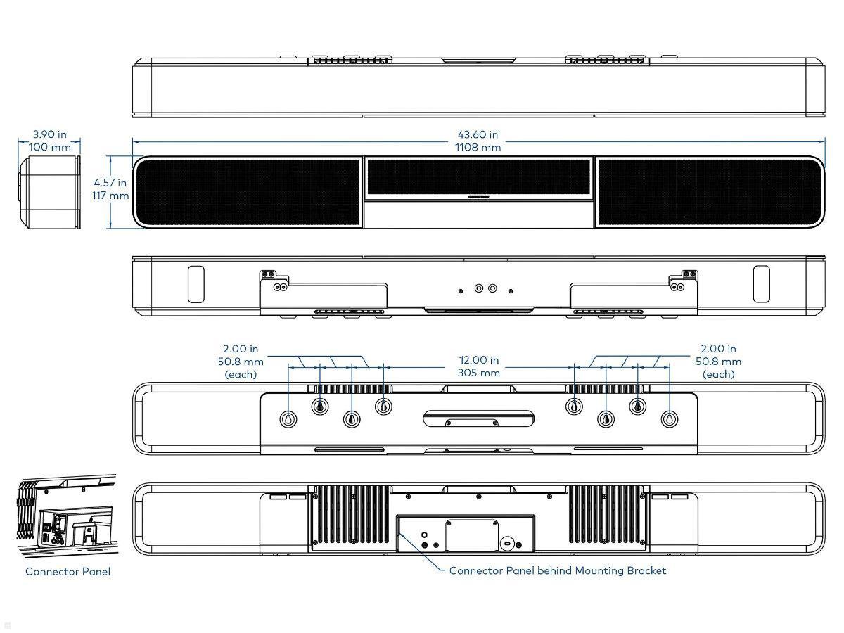 Crestron UC-SB1-CAM Soundbar mit Full HD Kamera für Videokonferenzsystem, technische Zeichnung