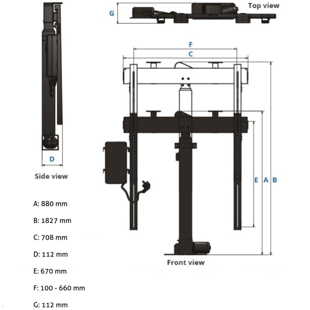 MonLines MLS019B TV Lift bis 70 Zoll, drehbar 90L / 225R, automatische Klappe, technische Zeichnung