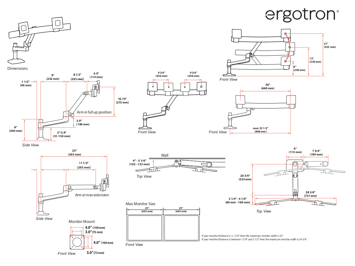 Ergotron LX Dual Tisch Monitorhalterung für USM Tisch, schwarz (46-490-225) technische Zeichnung