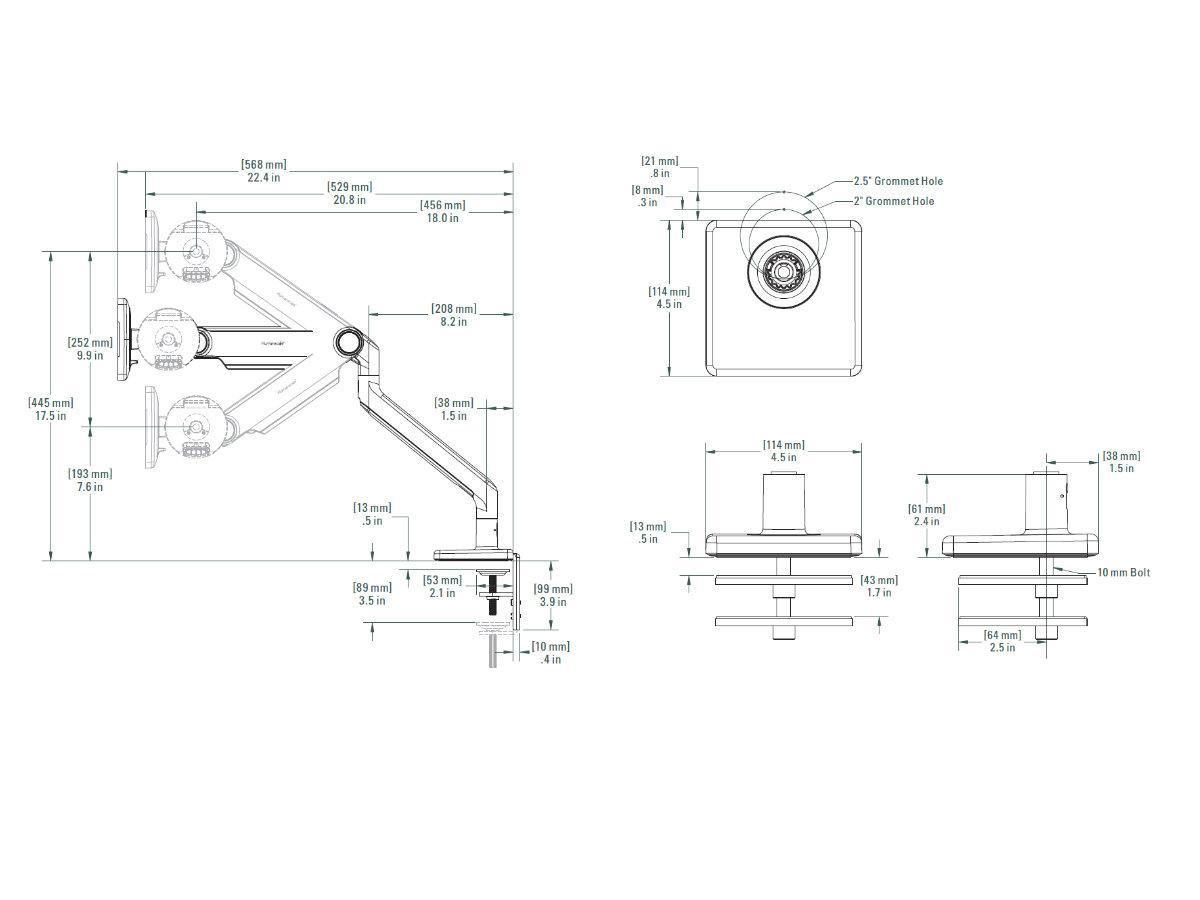 Humanscale M2.1 Monitor Durchtisch Monitorhalter, schwarz, Technische Zeichnung