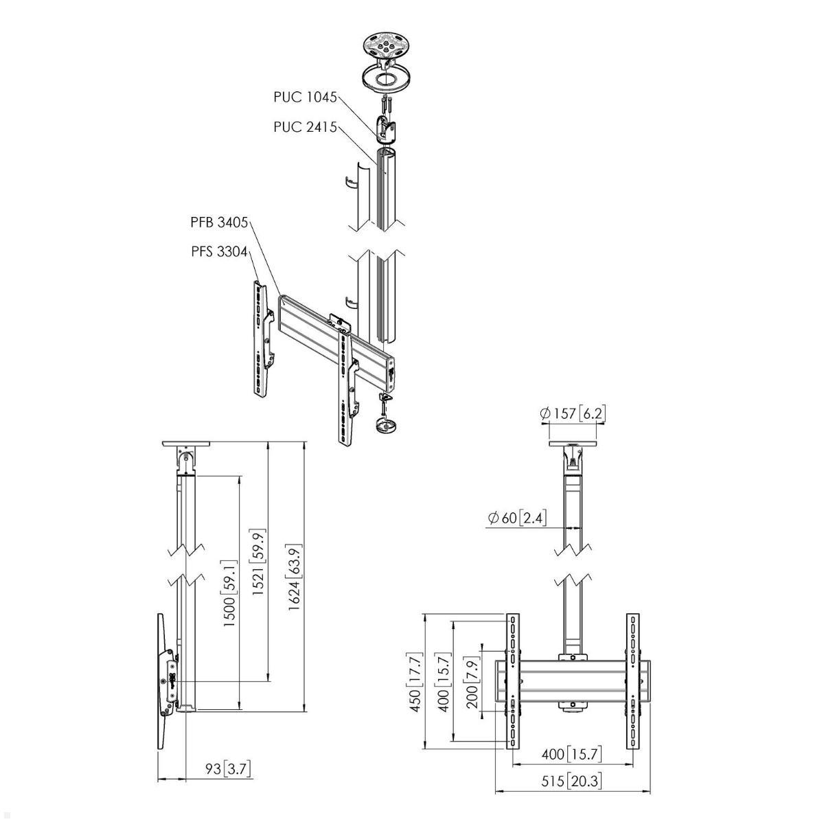 Vogels Connect-it CT241544S TV Deckenhalter bis 65 Zoll, silber, Zeichnung Maße