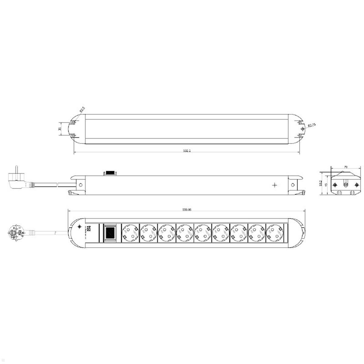 Bachmann PRIMO 9x Steckdosenleiste 1x Schalter 2m Zuleitung (330.072) technische Zeichnung