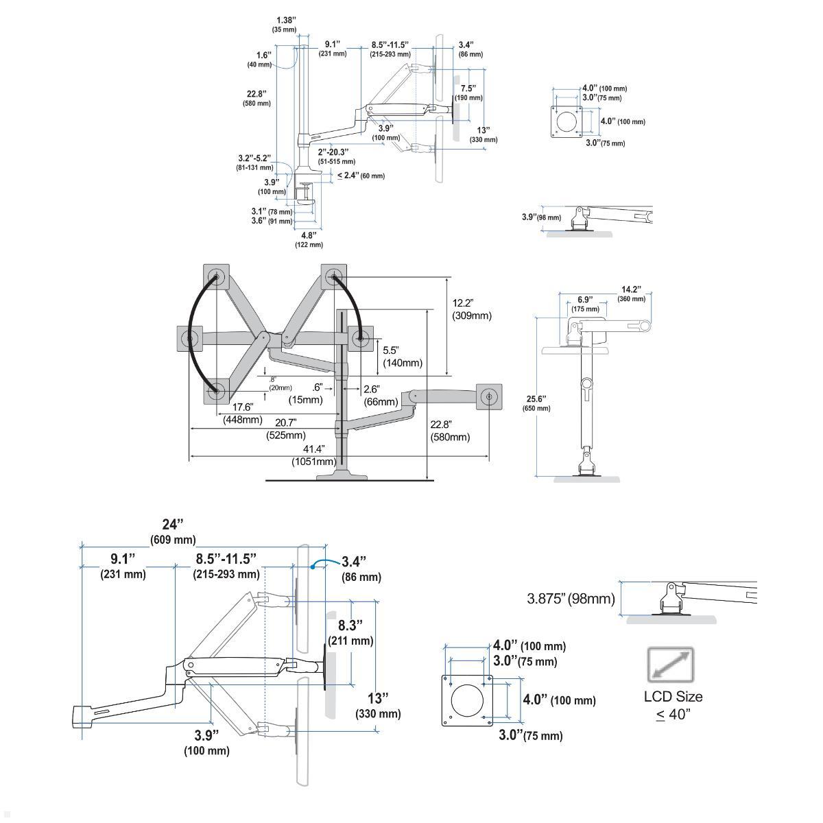 Ergotron LX Monitorhalterung für 3 Monitore 40 Zoll, weiß (45-509-2163), technische Zeichnung
