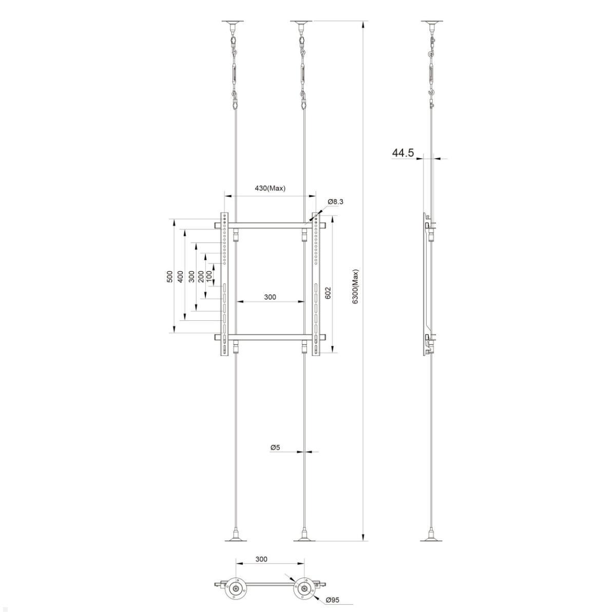 TV Boden-Deckenhalterung MonLines MDH011 mit Seilsystem, Technische Zeichnung