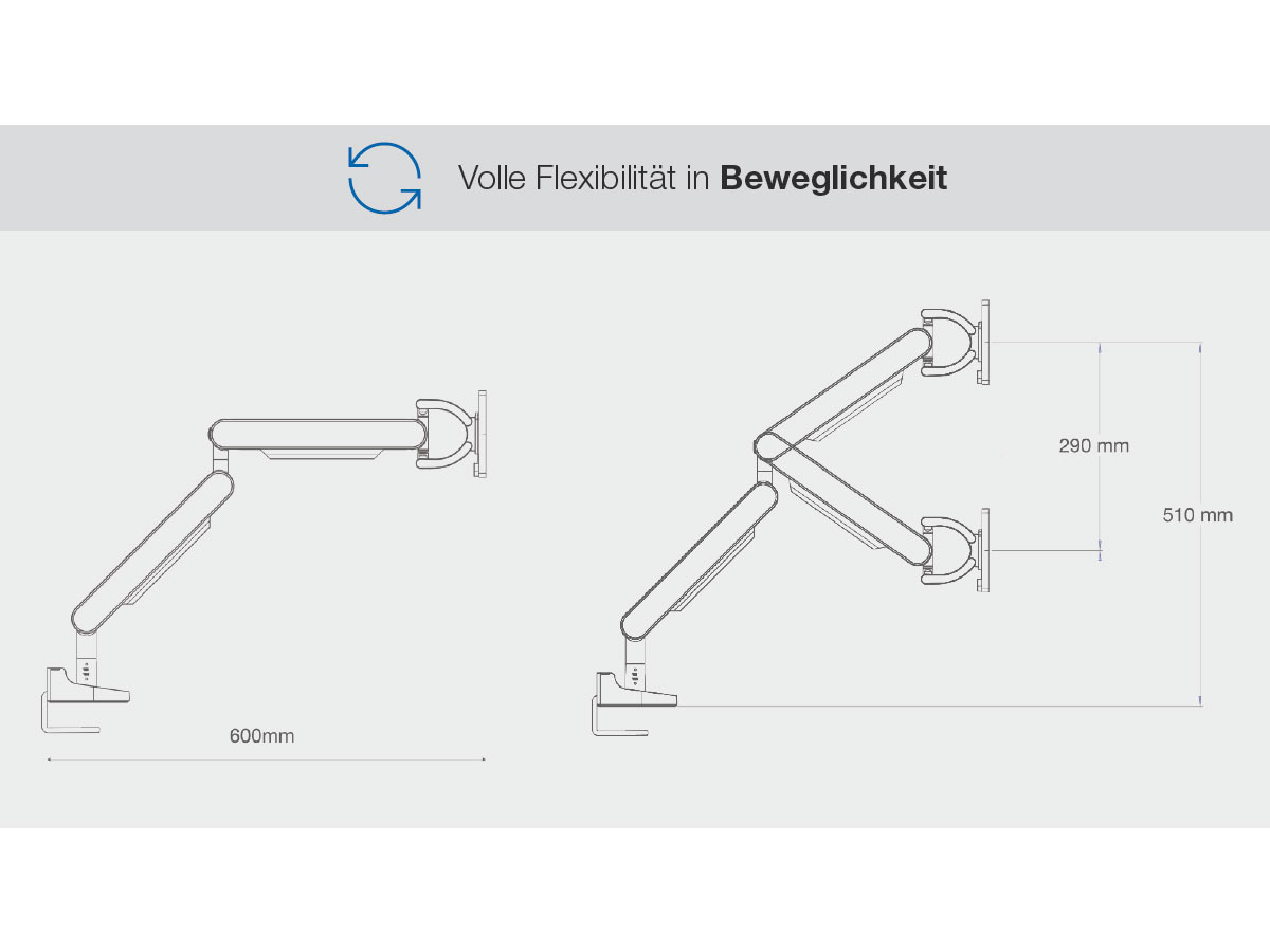 Bachmann ZG1 Monitorhalterung weiß + Desk 2 Alu BLACK Anschlussfeld technische Zeichnung