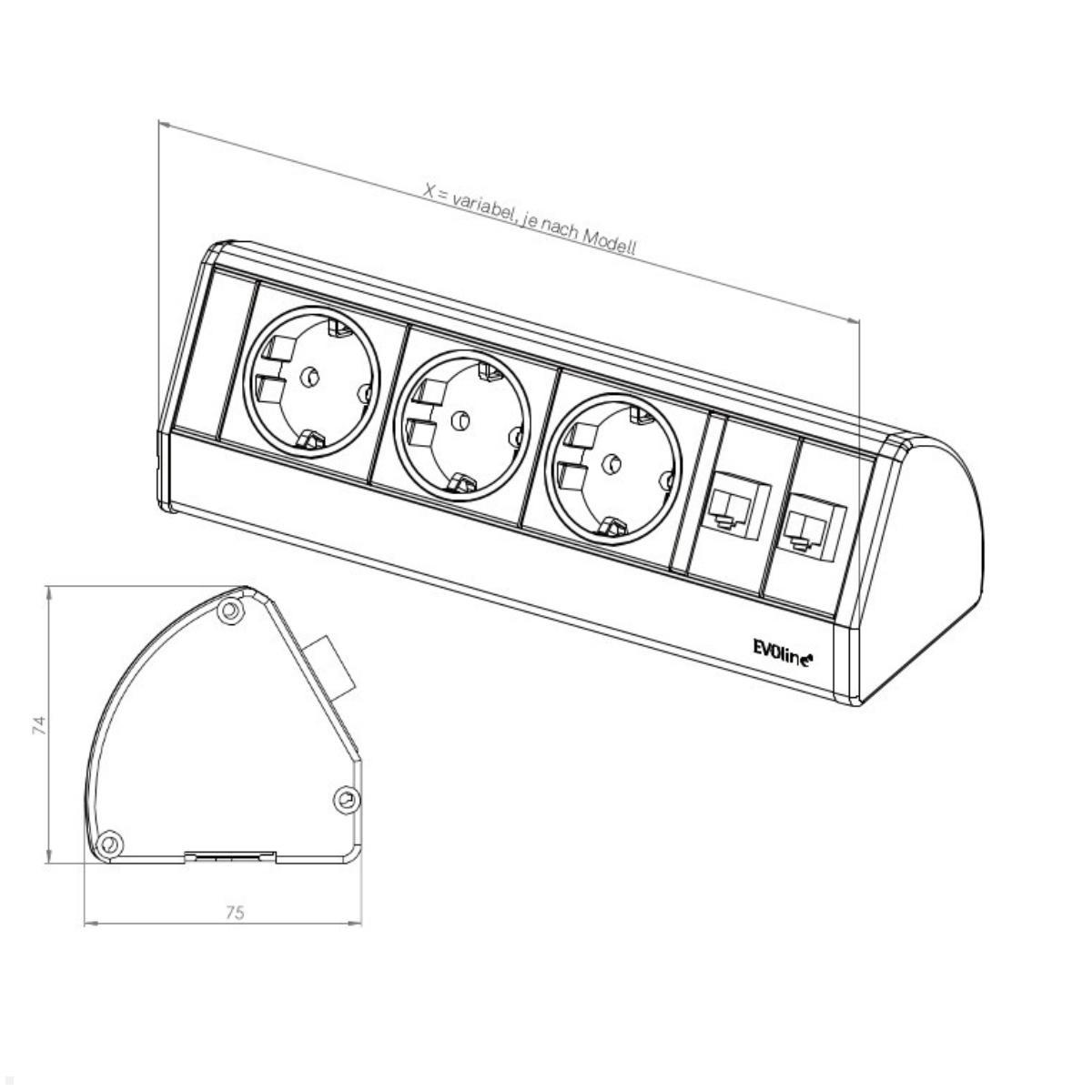 EVOline Dock DATA SMALL 3-fach Steckdose mit Befestigungszwinge, Skizze